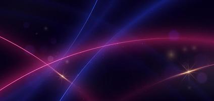 Abstract technology futuristic neon curved glowing blue and pink light lines with speed motion blur effect on dark blue background. vector