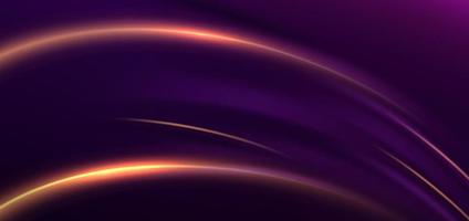 Abstract glowing gold curved lines on dark purple background with lighting effect and sparkle with copy space for text. Luxury design style. vector