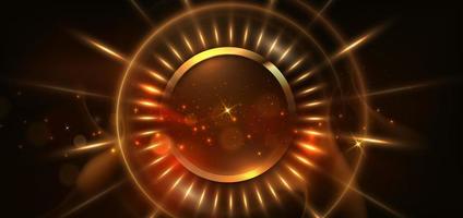 Abstract glowing circle gold lines on dark brown background with lighting effect and sparkle with copy space for text. Luxury design style. vector