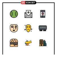 paquete de 9 signos y símbolos modernos de colores planos de línea rellena para medios de impresión web, como elementos de diseño de vectores editables de máscara alienígena de pasador de galaxia de pasajeros