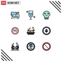 Group of 9 Filledline Flat Colors Signs and Symbols for food no glass smoking death Editable Vector Design Elements