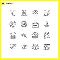 User Interface Pack of 16 Basic Outlines of pizza party usa sweet cake Editable Vector Design Elements