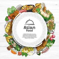 Colorful Doodle Hand Drawn Asian Food Illustration with Circle Frame vector