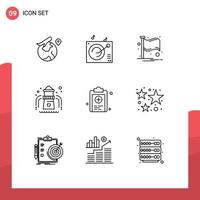 Pack of 9 Modern Outlines Signs and Symbols for Web Print Media such as test medical flag clipboard park Editable Vector Design Elements