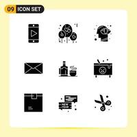 9 Thematic Vector Solid Glyphs and Editable Symbols of hot tea human interface email Editable Vector Design Elements