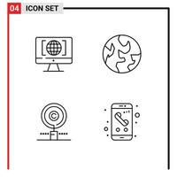 Mobile Interface Line Set of 4 Pictograms of computer find big think world property Editable Vector Design Elements