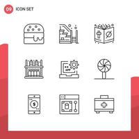 Set of 9 Commercial Outlines pack for coding supermarket book shelf furniture Editable Vector Design Elements