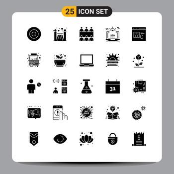 25 signos universales de glifos sólidos símbolos de codificación c reunión configuración web elementos de diseño vectorial editables vector