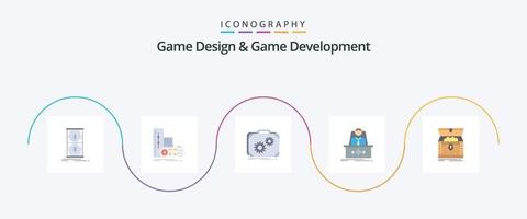 Game Design And Game Development Flat 5 Icon Pack Including legend. game. play. work. production vector