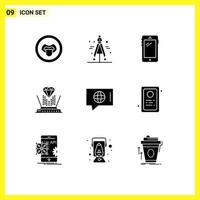 Pictogram Set of 9 Simple Solid Glyphs of world diamond smart phone technology hologram Editable Vector Design Elements