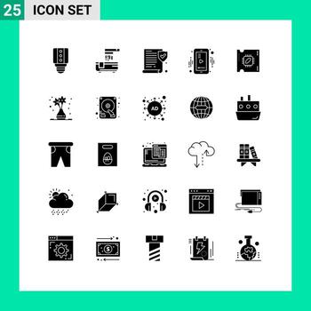 Editable Vector Line Pack of 25 Simple Solid Glyphs of processor chip microchip paper cpu player Editable Vector Design Elements