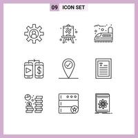 Group of 9 Outlines Signs and Symbols for hands pin railway check in dollar Editable Vector Design Elements