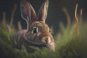 Adorable close-up of a small rabbit sitting amidst green grass. Perfect for showcasing the cute and fluffy side of nature photo