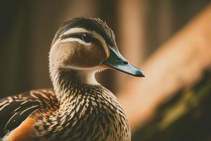 Close up shot of a duck perched on lush green grass with a shallow depth of field. photo