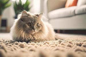 Close up of a cozy cat lounging on a carpet, set against a white-toned living room background.