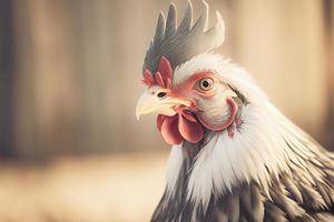 Close up of a chicken on a farm, set against natural background. photo