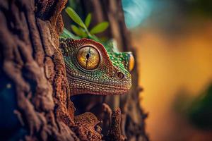 primer plano de un reptil en la rama de un árbol, frente a un impresionante fondo de pantalla natural de alta definición foto