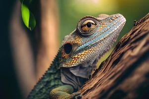 Close up of a reptile on a tree branch, set against a stunning HD natural background wallpaper