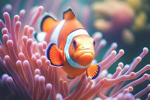 primer plano de un pez payaso de colores brillantes nadando entre los corales en el tanque del acuario. foto