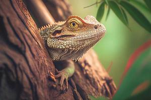 Close up of a reptile on a tree branch, set against a stunning HD natural background wallpaper photo