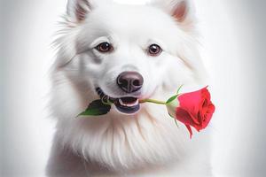 renderizado en 3d adorable primer plano de un perro esquimal americano sosteniendo una rosa roja en la boca sobre fondo blanco. foto
