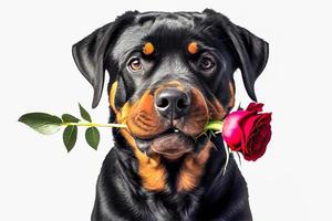 3D render adorable close-up of a Rottweiler dog holding red rose in mouth isolate white background.
