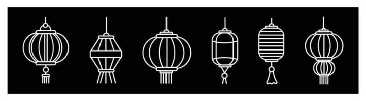 Vector set of Chinese lanterns, Japanese icon  lamp,hanging lanterns of traditional Asian decor. for design on black background.