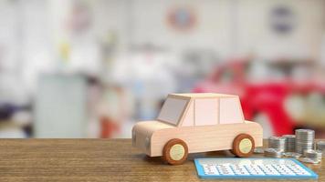 The toy wood car and blue calculator on wood table 3d rendering photo