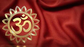 el símbolo hindú de ohmios de oro en seda roja para el concepto de fondo de representación 3d foto