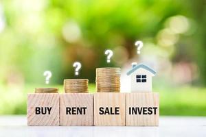 Decision for property management. Real estate and asset management. House with question mark and stack of coin on wood block with BUY, RENT, SALE, INVEST word. Tenancy house. Home purchase dealing. photo