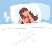 Infected Sick Woman Lying In Bed With Fever Vector
