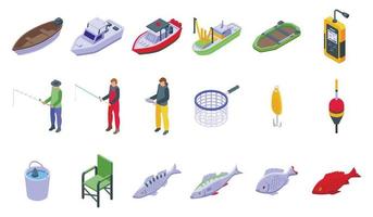 Fishing icons set isometric vector. Ocean net vector