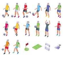 las personas mayores juegan iconos de fútbol establecidos vector isométrico. deporte de futbol