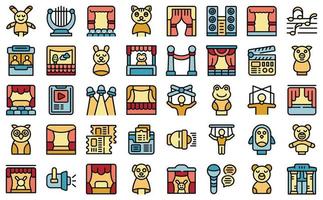 Puppet theater icons set vector color outline