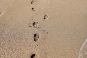 Footprints in the sand by the sea photo