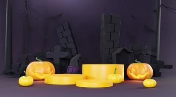 3d Render, Happy Halloween Day background with Podium stand product and night scene and cute spooky design. Halloween pumpkins, skull, ghost and spider decorations on dark purple background. photo