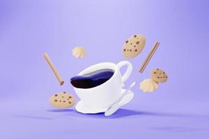 3d render Cup of Coffee with cookies and snacks floating splash around on pastel purple background.  Minimal Food and Drinks creativity. photo