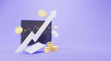 3d render of golden coins stack with growing bar graph with Computer, Keyboard, and mouse in saving money for goal Concept. Online study education. Work from Home station and workspace. photo