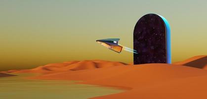 Abstract Dune cliff sand with Space triangle, spaceship and clean blue cloud sky. Surreal minimal Desert natural landscape background. Scene of Desert with Dark galaxy Triangle design. photo