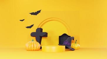 3d Render, Happy Halloween Day background with Podium stand product and night scene and cute spooky design. Halloween pumpkins, skull, ghost and spider decorations on dark orange background. photo