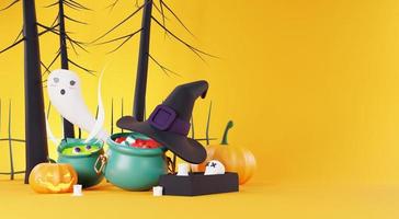 3d Render, Happy Halloween Day background with night scene and cute spooky design. Halloween pumpkins, skull, ghost and spider decorations on dark purple background. Trick or Treat party celebrate. photo