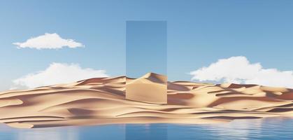 Abstract Dune cliff sand with metallic Arches and clean blue sky. Surreal minimal Desert natural landscape background. Scene of Desert with glossy metallic arches geometric design. 3D Render. photo