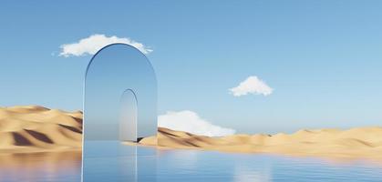 Abstract Dune cliff sand with metallic Arches and clean blue sky. Surreal minimal Desert natural landscape background. Scene of Desert with glossy metallic arches geometric design. 3D Render. photo