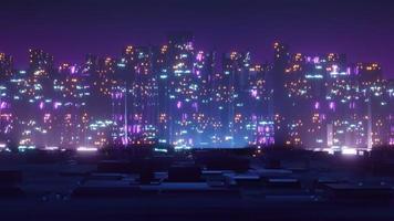 3d render of Cyber punk night city landscape concept. Light glowing on dark scene.  Night life. Technology network for 5g. Beyond generation and futuristic of Sci-Fi Capital city and building scene. photo