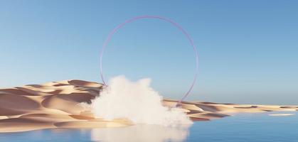 Abstract Dune cliff sand with metallic Arches and clean blue sky. Surreal minimal Desert natural landscape background. Scene of Desert with glossy metallic arches geometric design. 3D Render. photo