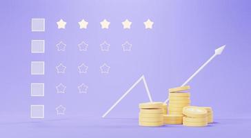 3d render of golden coins stack with growing bar graph in saving money for goal Concept. Customer satisfaction Choices rating from 1 star to 5 stars light . Minimal pastel scene. Users giving rating. photo