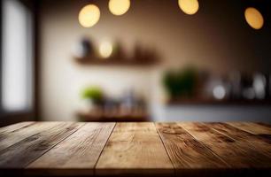 mesa de escritorio de madera vacía abstracta con espacio para copiar sobre una habitación interior moderna con fondo borroso, pantalla para montaje de productos foto