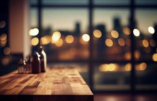 Abstract empty wooden desk table with copy space over interior modern room with blurred background, display for product montage photo