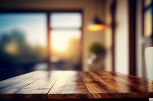 mesa de escritorio de madera vacía abstracta con espacio para copiar sobre una habitación interior moderna con fondo borroso, pantalla para montaje de productos foto