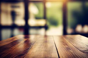 Abstract empty wooden desk table with copy space over interior modern room with blurred background, display for product montage photo